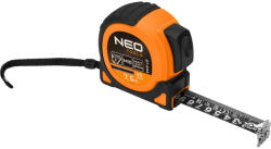 NEO TOOLS Mérőszalag, 7, 5m/25mm, erősített rugós, acél, fekete szalag fehér nagyított skálával, mágneses, autostop+rögzítő (67-244) - neo24