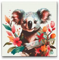 Gyémántszemes kirakó - Koala virágokkal körülvéve Méret: 50x50cm, Keretezés: Kartonlemezen, Gyémántok: Kerek