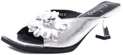 Feeling Papuci eleganți damă Feeling Z0307-6595 argintii cu toc sculptat și floare decorativă
