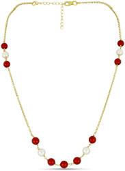  Arannyal Bevont Ezüst Nyaklánc Vörös Édesvízi Gyönggyel és Fehér Édesvízi Gyönggyel, Y58322
