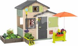 Smoby Căsuță Prietenilor cu o grădină sub umbrelă Friends House Evo Playhouse Life Smoby în culori naturale, ușor de extins (SM810251-M) Casuta pentru copii