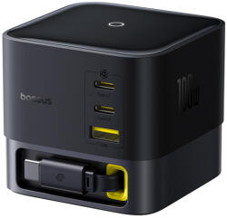Baseus - Fali töltő Super GaN (P10164001123-00) - Visszahúzható kábel, Gyors töltés, 2xUSB, Type-C, 100W, 1, 5m - Kozmikus fekete