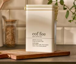 Tchibo Kávétartó doboz, Coffee Dictionary Fedél: bézs, egy kicsi, aranyszínű Tchibo kávészemmel Doboz: bézs, fekete felirattal Csatos zár: aranyszínű