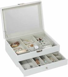 Relaxdays Caseta de bijuterii eleganta, din piele ecologica, pe 2 nivele + oglinda, alb, DeLuxe (RLX-827260A)