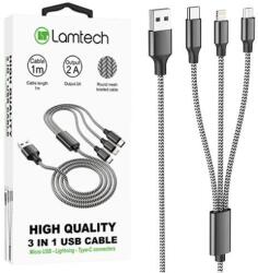 Lamtech Cablu Date si Incarcare Lamtech, 3in1, USB la Type-C/Lightning/Micro USB, Invelis metalic, 2A, 1m, Negru