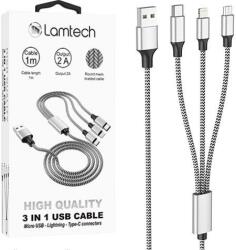 Lamtech Cablu Date si Incarcare Lamtech, 3in1, USB la Type-C/Lightning/Micro USB, Invelis metalic, 2A, 1m, Argintiu