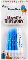 Tortagyertya tartóval csillagos kék és fehér 12 db 8 cm + Happy Birthday felirat 609748 (609748)