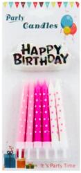  Tortagyertya tartóval pink és fehér 12 db 8 cm + Happy Birthday felirat 609779 (609779)
