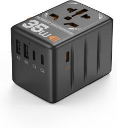 Tessan Adaptor priza international Tessan TS-WTA02, 2XUSB, 2XUSB-C , 1XUSB-C incarcare rapida , 35W (TS-WTA02) - rovo