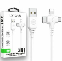 Lamtech Cablu Date si Incarcare Lamtech 3in1 USB la Type-C/Lightning/Micro USB 2A 1m, Alb
