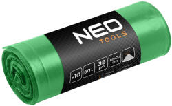 NEO TOOLS Szemeteszsák 60l, 60x70cm, zöld, erősített húzószalagos, vastagság: 35mic, 10db (15-990) - szerszamhaz