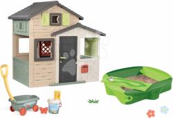 Smoby Set căsuța Prietenilor cu ușă mare și nisipar Friends Evo Life Playhouse Smoby extensibilă cu cărucior și set de găleată (SM810206-21) Casuta pentru copii