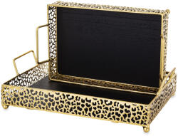 ART-POL Glamour design aranyszín szögletes 2db-os fém tálca szett barna fa tálcalappal 10x38x25 / 10x33x20cm (158208)