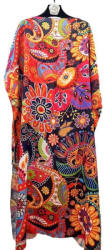 SHOPIKA Rochie de plaja lunga tip poncho din matase cu flori multicolore pe fond bleumarin inchis Talie unica