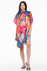 SHOPIKA Rochie de plaja tip poncho din matase cu flori fucsia pe fond albstru Talie unica