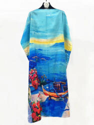 SHOPIKA Rochie de plaja lunga tip poncho din matase cu peisaj marin pe fond albastru Talie unica
