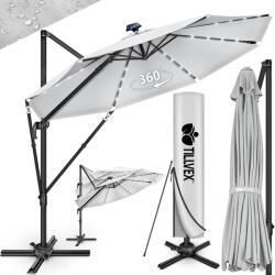 Tillvex Umbrela de soare cu LED pentru terasa/gradina, din aluminiu premium, 330 cm, husa protectie, Tillvex®, reglabila in 6 directii, cu manivela, rotativa 360°, inclinabila, rezistenta UV50+, gri (TVAPSL-0