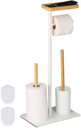 Relaxdays Suport pentru hartie igienica cu perie de toaleta si loc pentru rezerve, bambus/metal, alb (10050745)