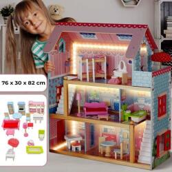 Infantastic Casuta din lemn pentru papusi, lumina Led, 3 etaje, 5 camere, 16 piese mobilier, 76 x 30 x 82 cm, Infantastic (FFE-8PPHS01) Casuta papusi