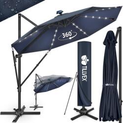 Tillvex Umbrela de soare cu LED pentru terasa/gradina, din aluminiu premium, 330 cm, husa protectie, Tillvex®, reglabila in 6 directii, cu manivela, rotativa 360°, inclinabila, rezistenta UV50+, bleumarin (TV