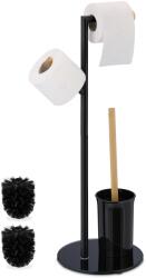 Relaxdays Suport pentru hartie igienica cu perie de toaleta, loc rezerve, negru, 2 perii de schimb, baza sticla, 64 x 27 x 22 cm (10049118)