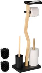 Relaxdays Suport pentru hartie igienica cu perie de toaleta si loc pentru rezerve, bambus/metal, negru (10050746)