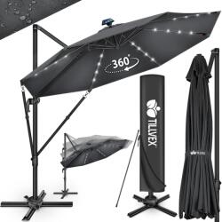 Tillvex Umbrela de soare cu LED pentru terasa/gradina, din aluminiu premium, 330 cm, husa protectie, Tillvex®, reglabila in 6 directii, cu manivela, rotativa 360°, inclinabila, rezistenta UV50+, antracit (TVA
