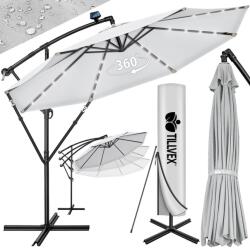 Tillvex Umbrela terasa/gradina cu lumina LED, husa protectie, panou incarcare solara, protectie UV 50+, rotire la 360°, inclinatie reglabila, manivela, Ø 300 cm, gri (TVSNS-018)