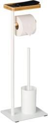 Relaxdays Suport pentru hartie igienica cu perie de toaleta, metal/bambus, alb (10050744)