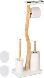 Relaxdays Suport pentru hartie igienica cu perie de toaleta si loc pentru rezerve, bambus/metal, design curbat, alb (10050746A)