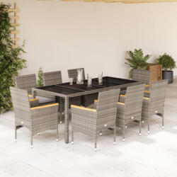 vidaXL 9 részes szürke polyrattan/üveg kerti étkezőgarnitúra párnával (3278656)
