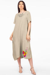 Pierino Rochie lunga bej din in mercerizat si vascoza, marime oversize cu fluture stilizat Talie unica