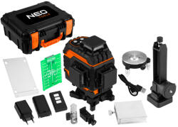 NEO TOOLS Lézeres szintező, 3D önbeálló keresztvonallézer, 360°, 12 lézervonal, 25m hatótáv, akku, tartozékok, táska, zöld (75-140)