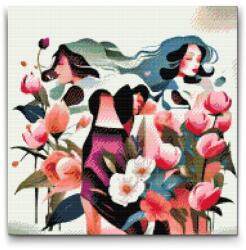 Gyémántszemes kirakó - Nők bazsarózsával Méret: 50x50cm, Keretezés: Kartonlemezen, Gyémántok: Kerek