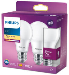 Philips 2x LED izzó E27 A60 7W = 60W 806lm 2700K Meleg 150° PHILIPS (8720169324473)