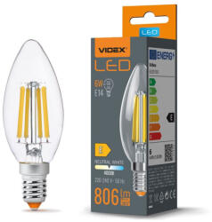 Videx LED izzó E14 C35 Gyertya 6W = 60W 806lm 4000K Semleges 360° FILAMENT Videx (VIDLED1310)