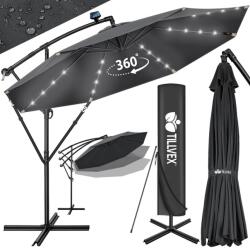 Tillvex Umbrela cu iluminare LED pentru gradina si terasa, Tillvex, Ø 350 cm, husa, 8 spite, rotire 360°, protectie UV 50+, poliester de 180 g/m2, manivela, antracit (TVSNS-021)