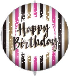 Procos Szülinapi fólia lufi - „Happy Birthday felirattal, arany-fekete-rózsaszín csíkos design 46cm (92430)