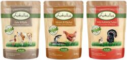 Lukullus 6x300g Lukullus tasakos nedves kutyatáp Vegyes csomag: vadnyúl & pulyka / kacsa & borjú / lazac & csirke. 5+1 ingyen