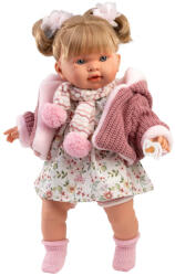 Llorens Llorens: Alexandra 42cm-es síró baba cumival rózsaszín kötött kabátban és virágos szoknyában (42286) - jatekshop