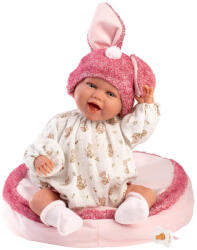 Llorens Llorens: Mimi 42cm-es mosolygós baba nyuszifüles rózsaszín sapkában párnával (74134) - jatekshop