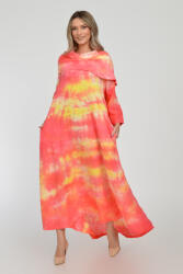 SHOPIKA Rochie maxi, A-line, din in, cu guler amplu, cu imprimeu boem tie-dye corai Talie unica