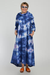 SHOPIKA Rochie maxi, A-line, din in, cu guler amplu, cu imprimeu boem tie-dye bleumarin Talie unica