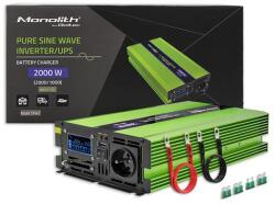 Qoltec Tiszta Színusz Hullámú Inverter Monolith | akkumulátortöltő | UPS | 1000W | 2000W | 12V-ról 230V-ra | LCD (51942)