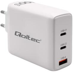 Qoltec GaN 100W töltő | 5-20V | 1.5-5A | 2 x USB-C PD | 1x USB QC 3.0 | Fehér (51826)