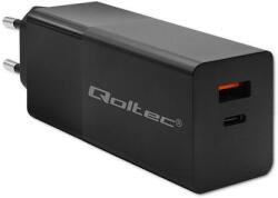 Qoltec GaN POWER PRO töltő | 1xUSB type C | 1xUSB A | 100W | 5-20V | 1.5-5A | PD | Laptop | Okostelefon | Fekete (52382)