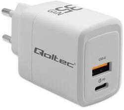 Qoltec GaN 35W töltő | 5-20V | 1.5-3A | 1 x USB-C PD | 1x USB QC 3.0 | Fehér (51824)