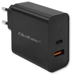 Qoltec Szuper Gyors PD Töltő | 1xUSB-C | 1xUSB | 65W | 5-20V | 1.5-3.25A | Laptop | Okostelefon | Fekete (52380)