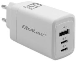 Qoltec GaN 65W töltő | 5-20V | 3-3.35A | 2 x USB-C PD | 1x USB QC 3.0 | Fehér (51822)
