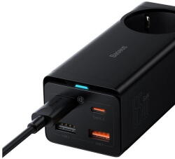 Baseus INCARCATOR RETEA Baseus GaN3 Pro Powerstrip, QC 65W, 1xAC, 2xUSB Type-C Output 5V/3A, 2xUSB, include cablu USB Type-C la USB Type-C 100W, 1m, negru (PSZM000901)